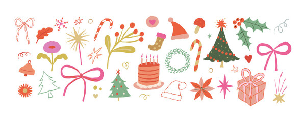 Vector set of hand drawn illustrations, quirky doodle elements for christmas banners and invitations,  birthday party cards, prints