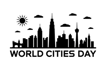 Fototapeta premium Modern cityscape silhouette against a bright sun and fluffy clouds, representing global urban environments.