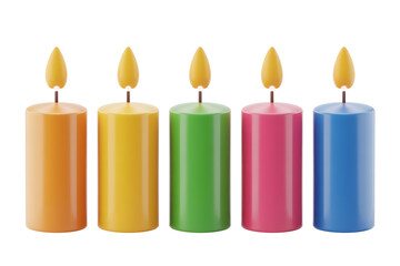 Vibrant, colorful candles with lit flames, creating a warm and festive atmosphere.