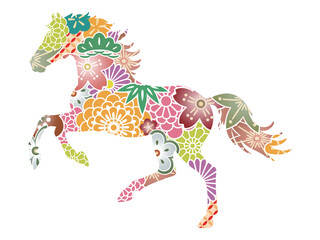 和柄の花模様が美しい馬のシルエット カラフルな午年イラスト素材