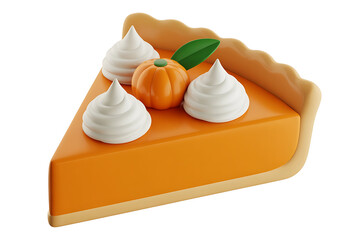 A slice of pumpkin pie with whipped cream and a small pumpkin decoration.