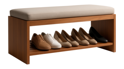 A bench with a shoe rack and cushioned seat, ideal for entryways in apartments.