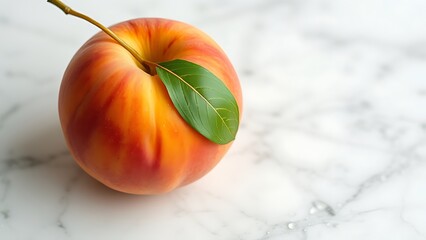 Juicy peach with leaf on marble, glistening water droplets under crisp studio lighting.