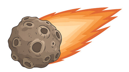 A rocky asteroid streaks through the sky, trailing a vibrant, fiery orange tail.