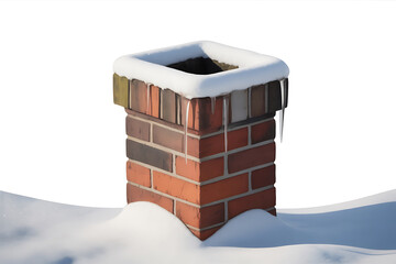 Brick chimney covered in snow, winter scene, cold weather, frosty rooftop, cozy home.