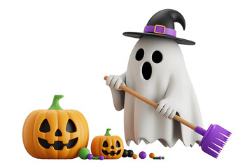 Playful ghost character with pumpkins and a broom, embodying a festive Halloween spirit.