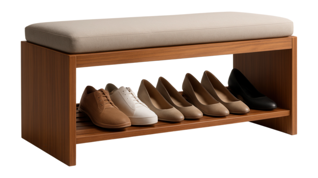 A bench with a shoe rack and cushioned seat, ideal for entryways in apartments.