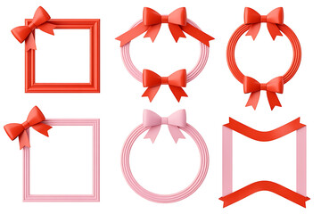 Festive red ribbons and bows adorn various frame shapes, evoking celebration and gifting.