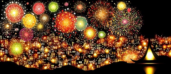 Vibrant Fireworks in Night Sky: A spectacular display of colorful fireworks illuminates the night sky, exploding in a mesmerizing array of light and patterns above a silhouetted cityscape.
