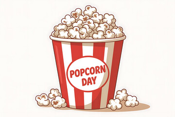A large red and white striped bucket overflows with fluffy, golden popcorn.