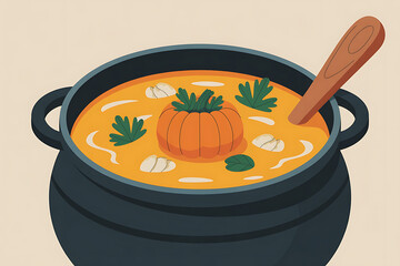 A warm, orange soup in a black pot, garnished with a tiny pumpkin and herbs.