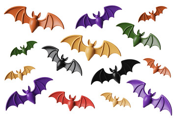 Colorful plastic bats fly across the frame, evoking a playful, festive Halloween atmosphere.