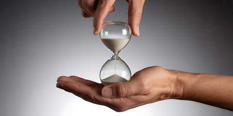 Hands delicately hold an hourglass, symbolizing the fleeting nature of time and its passage.