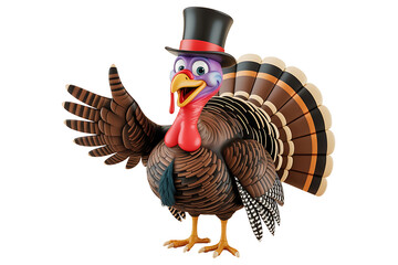 Festive turkey wearing a top hat, displaying vibrant plumage, celebrating a joyful holiday season.