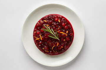 Vibrant cranberry sauce with orange zest and rosemary sprigs on a white plate.