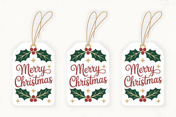 Festive gift tags display "Merry Christmas" with holly leaves and berries.