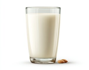 Clear glass tall, slender, cylindrical glass filled with a pale, creamy, light beige liquid. Two almond nuts are beside the glass