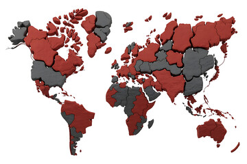 Fragmented world map in red and gray, representing division and geopolitical shifts globally.