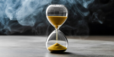 Hourglass with golden sand flowing, set against a smoky, dark background, representing time's passage.