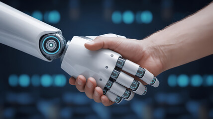 Robotic hand clasps a human hand, symbolizing collaboration, technology, and the future of integration.