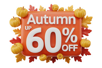 Vibrant autumn scene with pumpkins, leaves, and a sale banner promoting a 60% discount.