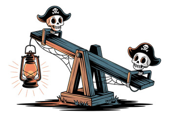 Skull pirates playfully balance on a seesaw, illuminated by a glowing lantern.