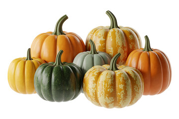 Assorted pumpkins in various shades of orange, yellow, and green, evoke autumn harvest themes.