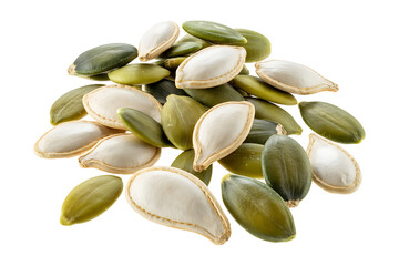 Pile of green and white pumpkin seeds, a nutritious and healthy snack.