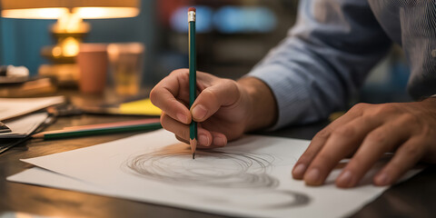 Close-up showing hands sketching a drawing with a pencil on paper, creative process.