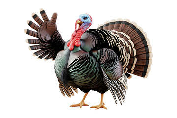 A vibrant turkey displays its feathers, showcasing intricate patterns and autumnal colors.