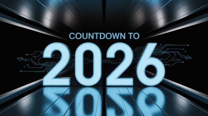 Countdown to two thousand twenty six with futuristic design and reflective surface in blue tones