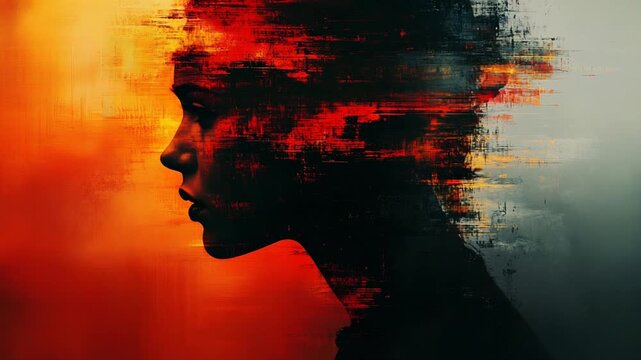Abstract digital art portrait of a woman with glitch effect.