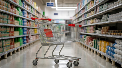 Aisle filled with various products, a shopping cart sits empty in the foreground.