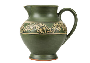 Isolated green ceramic pitcher with decorative band, kitchenware for serving beverages