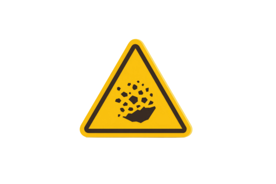 Warning sign indicating falling rocks or debris hazard. A yellow triangle with a black border shows rocks tumbling down. background removed