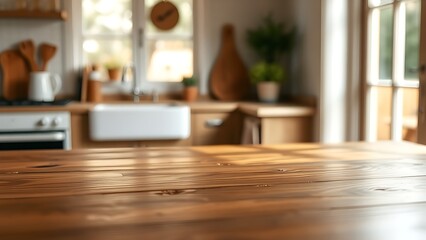A wooden table with soft natural light, creating a peaceful and minimalist kitchen scene.