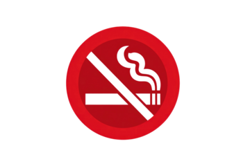 Classic red no smoking sign. A lit cigarette with smoke is crossed out, universally prohibiting smoking in designated areas. background removed