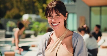 Face, meditation and outdoor with senior woman, yoga and wellness with smile, chakra and zen. People, backyard and mature person with happiness, confidence and pride with health, holiday and fitness - Powered by Adobe