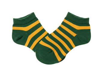 Isolated ankle-length socks with horizontal stripes, green and yellow, new footwear for spring
