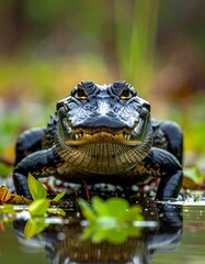 Fototapeta premium Close-up of an alligator in a swampy habitat