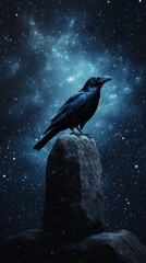 Fototapeta premium Raven perched on a rock under a starry night sky