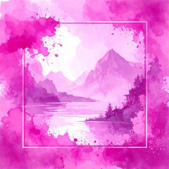 Watercolor landscape framed by vibrant pink splatter