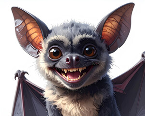 _Cute bat with vampire teeth smiling white isolated background, clear view, simple lig