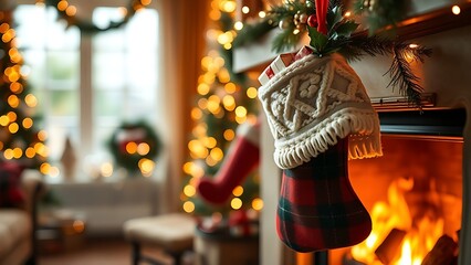 A decorated Christmas stocking hanging by a fireplace with a warm, cozy glow.