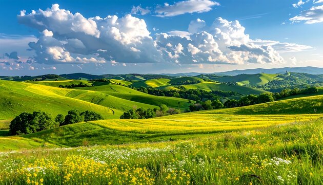 Rolling hills, a vibrant green meadow, and a cloudy blue sky