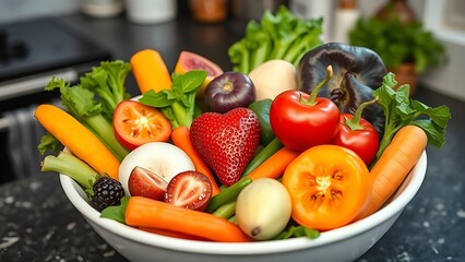 Assortment of fresh vegetables and fruits in a bowl, healthy diet concept.