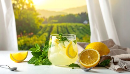 Refreshing lemonade in a glass, with lemons, mint, and ice, against a backdrop of a lush vineyard