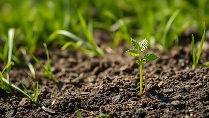 Young plant growing from soil against a grassy nature background.