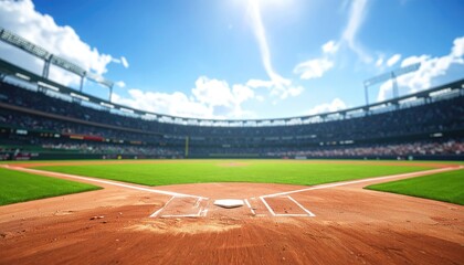 Baseball stadium viewed from home plate, vibrant green field,  sun-drenched,  crowded stands