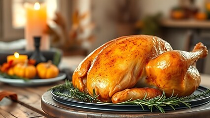 Roasted golden brown turkey on a rustic table with autumn garnishes.